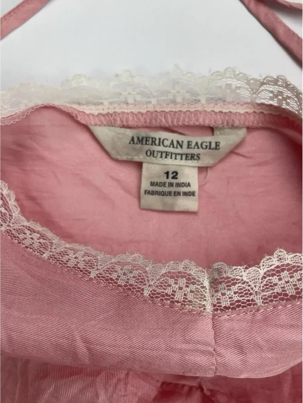 American Eagle 100% Silk Camisole Top 12 Pink Lace Trim Pintuck Boho Romantic - Picture 4 of 7